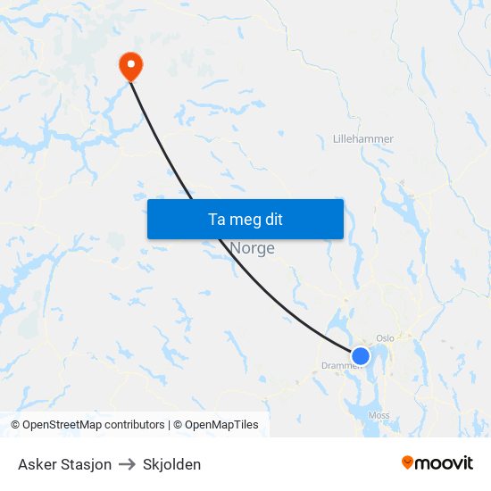Asker Stasjon to Skjolden map