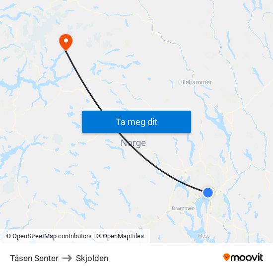 Tåsen Senter to Skjolden map