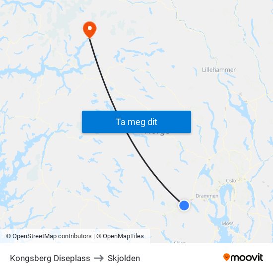 Kongsberg Diseplass to Skjolden map