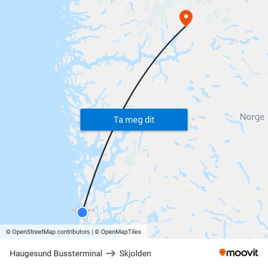 Haugesund Bussterminal to Skjolden map