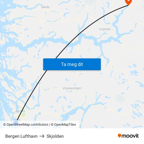 Bergen Lufthavn to Skjolden map