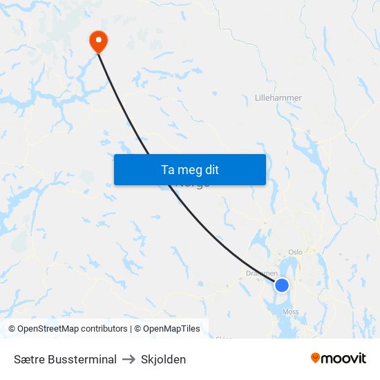 Sætre Bussterminal to Skjolden map