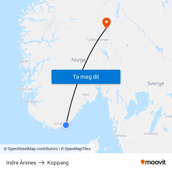 Indre Årsnes to Koppang map