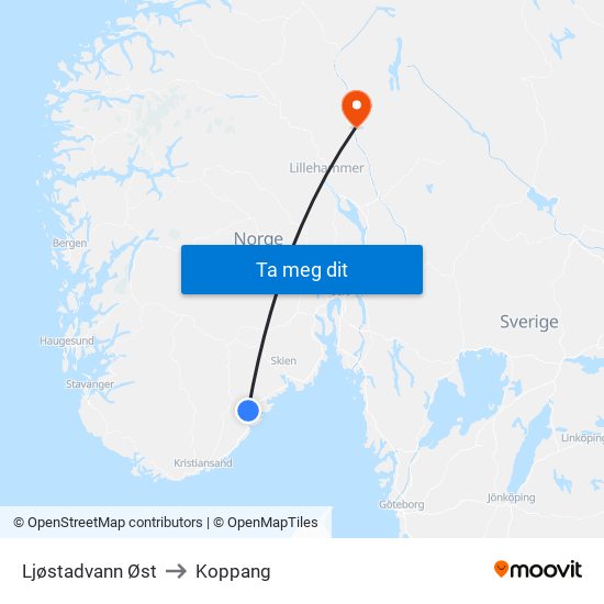 Ljøstadvann Øst to Koppang map