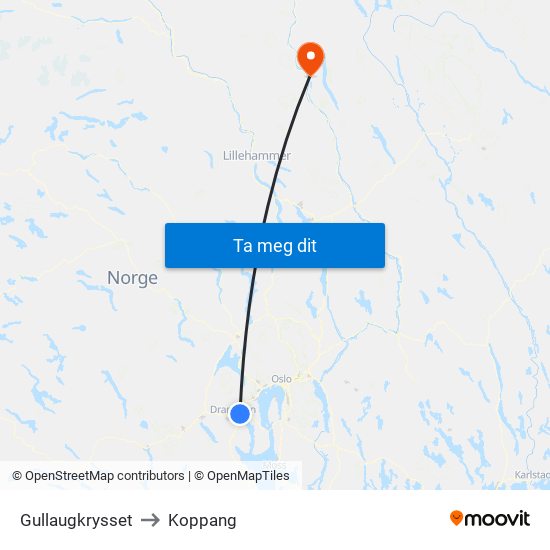 Gullaugkrysset to Koppang map
