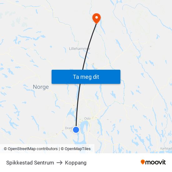 Spikkestad Sentrum to Koppang map