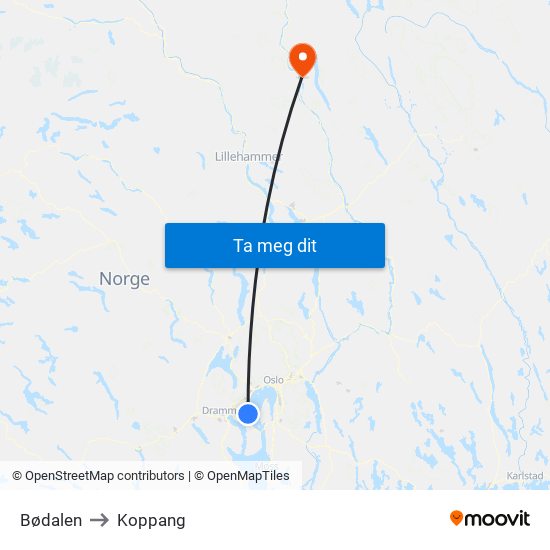 Bødalen to Koppang map