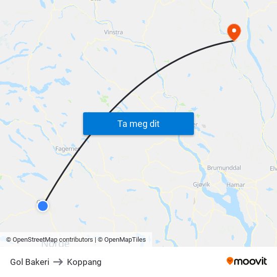 Gol Bakeri to Koppang map