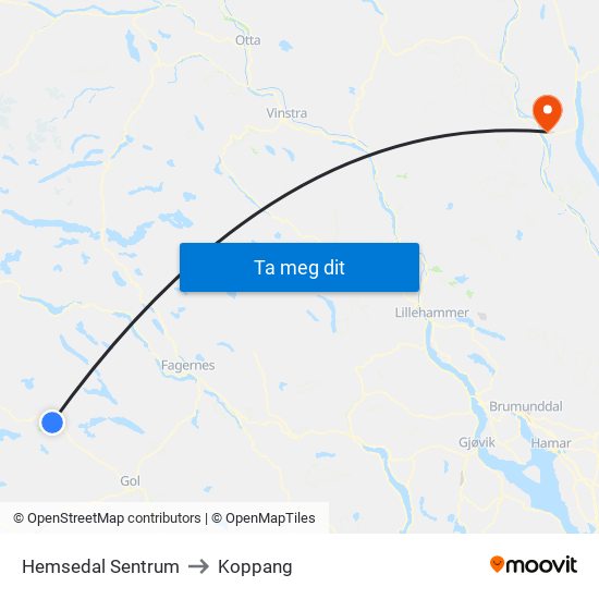 Hemsedal Sentrum to Koppang map