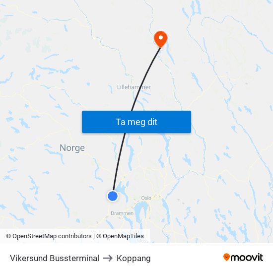 Vikersund Bussterminal to Koppang map