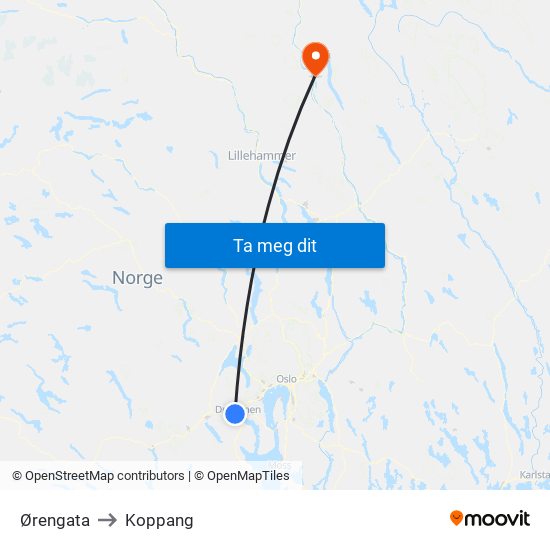 Ørengata to Koppang map