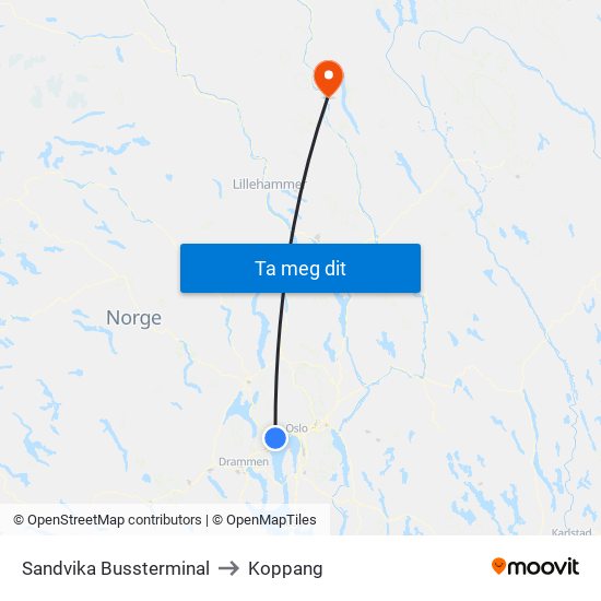 Sandvika Bussterminal to Koppang map