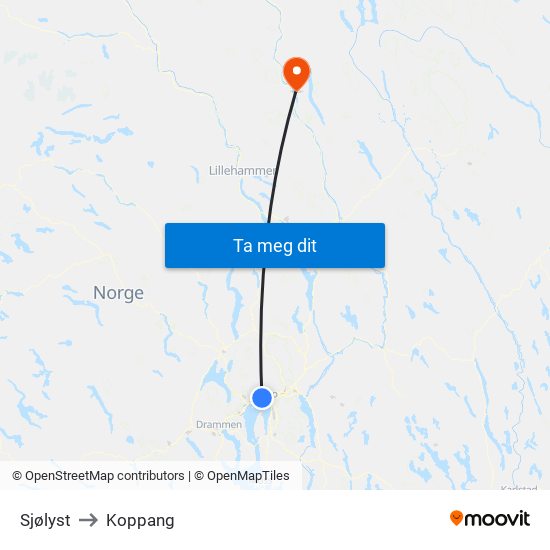 Sjølyst to Koppang map