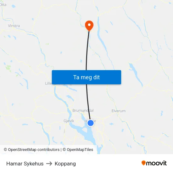 Hamar Sykehus to Koppang map