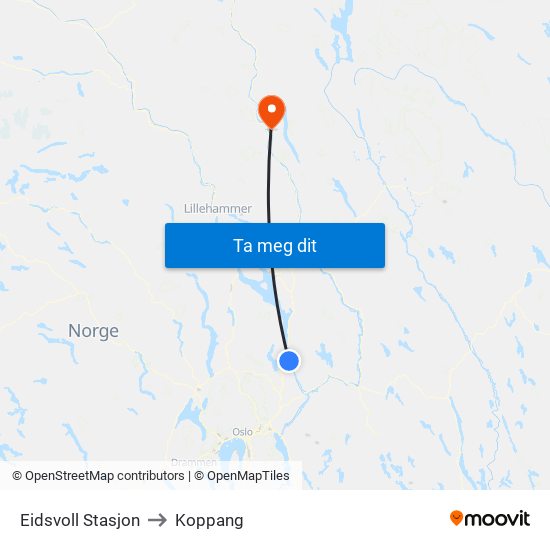 Eidsvoll Stasjon to Koppang map