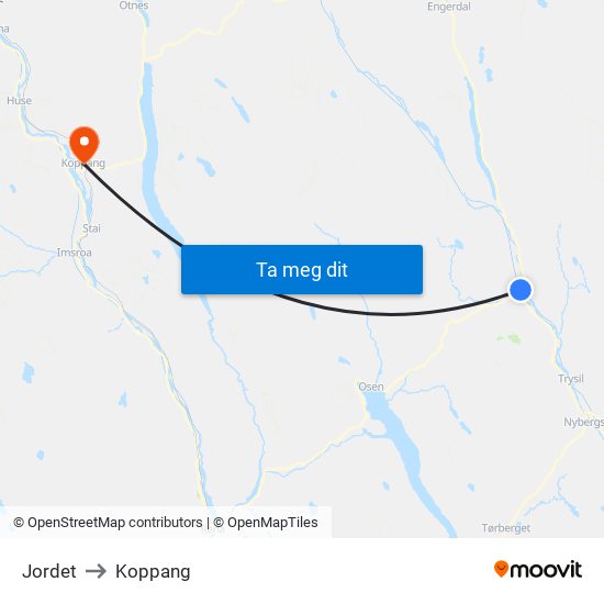 Jordet to Koppang map