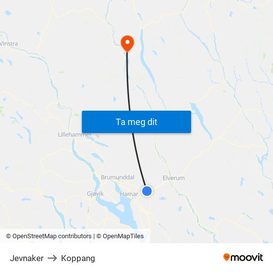 Jevnaker to Koppang map