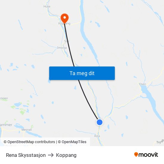 Rena Skysstasjon to Koppang map