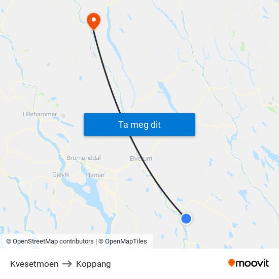 Kvesetmoen to Koppang map