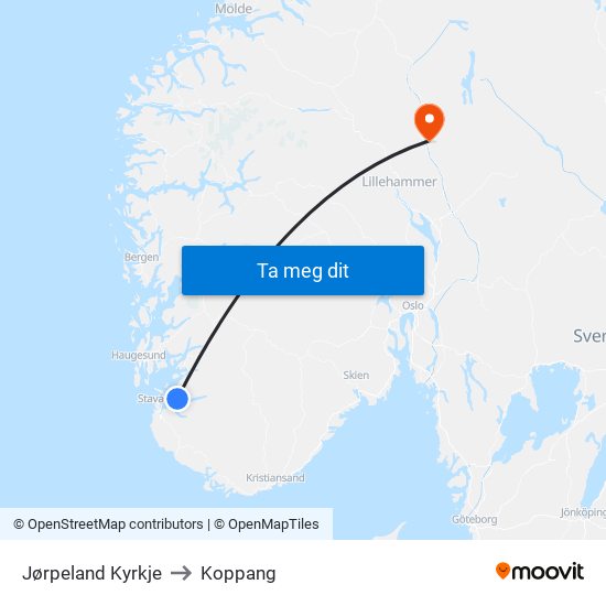 Jørpeland Kyrkje to Koppang map