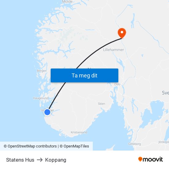Statens Hus to Koppang map