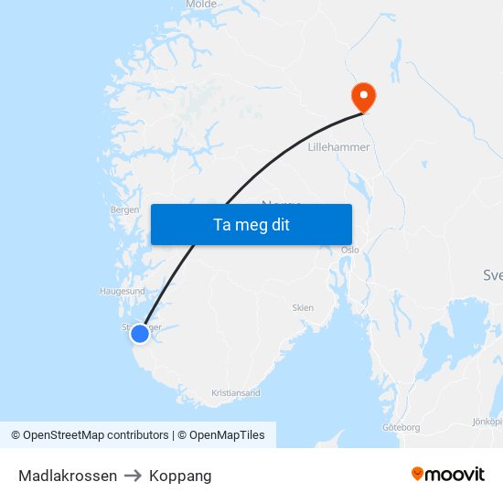 Madlakrossen to Koppang map
