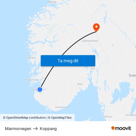 Marmorvegen to Koppang map