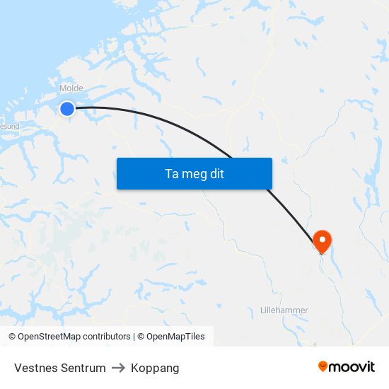 Vestnes Sentrum to Koppang map