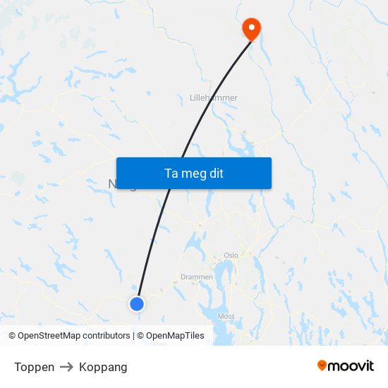 Toppen to Koppang map