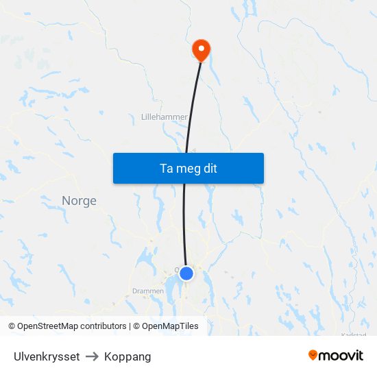 Ulvenkrysset to Koppang map