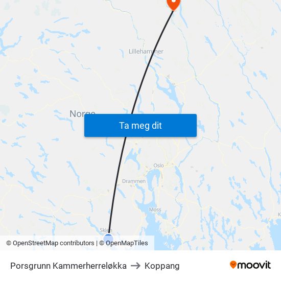 Porsgrunn Kammerherreløkka to Koppang map