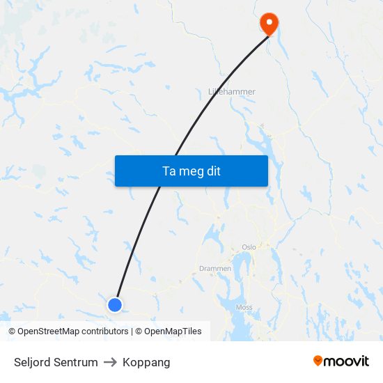 Seljord Sentrum to Koppang map