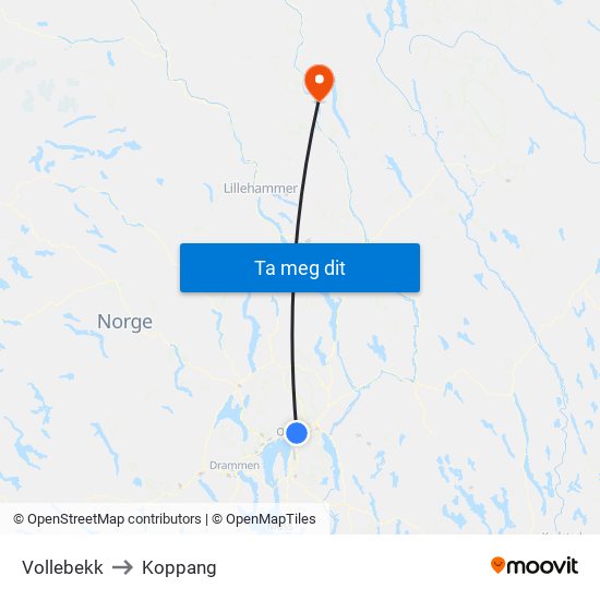 Vollebekk to Koppang map