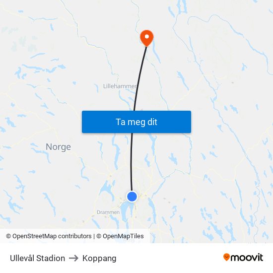 Ullevål Stadion to Koppang map