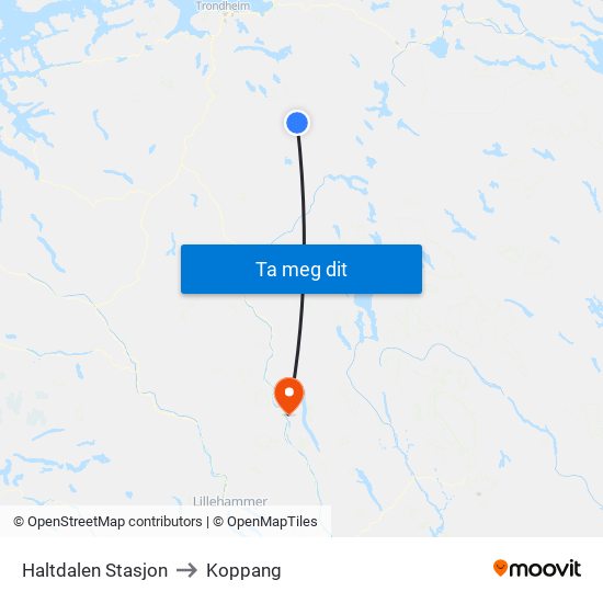 Haltdalen Stasjon to Koppang map