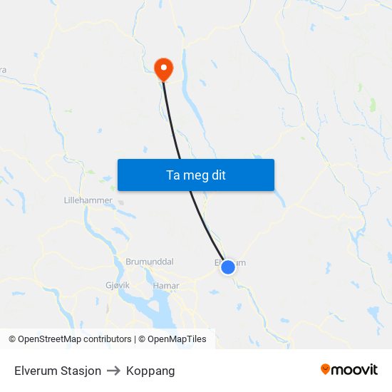 Elverum Stasjon to Koppang map