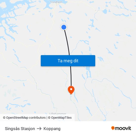 Singsås Stasjon to Koppang map