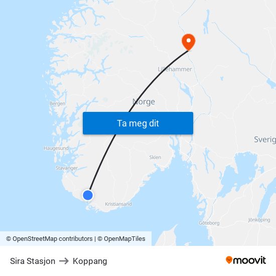 Sira Stasjon to Koppang map
