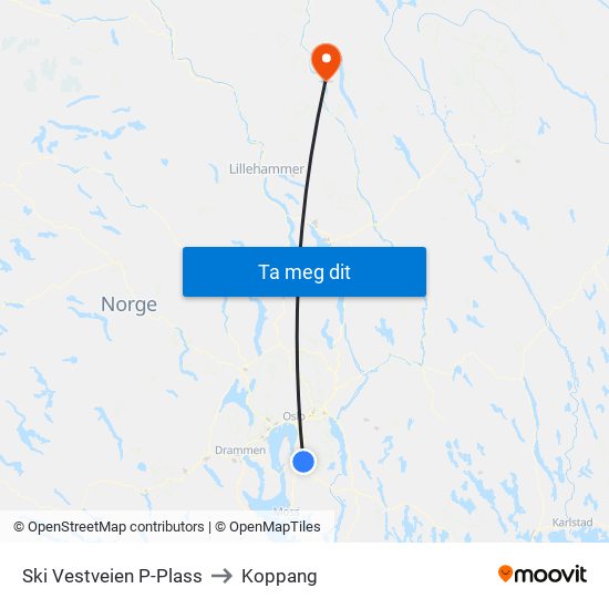 Ski Vestveien P-Plass to Koppang map