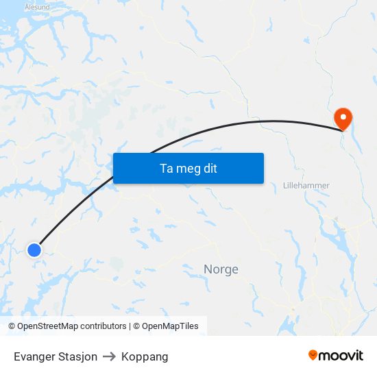 Evanger Stasjon to Koppang map