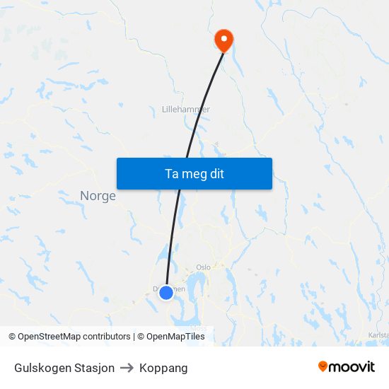 Gulskogen Stasjon to Koppang map