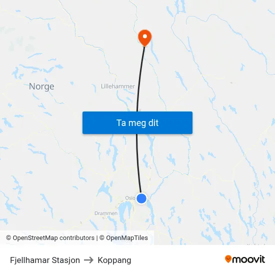 Fjellhamar Stasjon to Koppang map