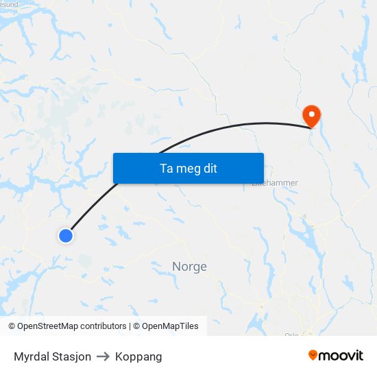 Myrdal Stasjon to Koppang map