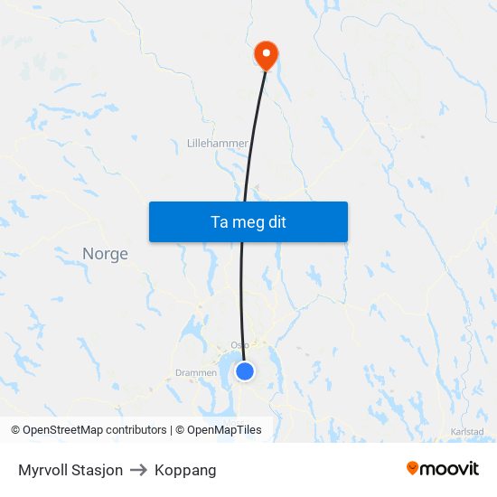 Myrvoll Stasjon to Koppang map