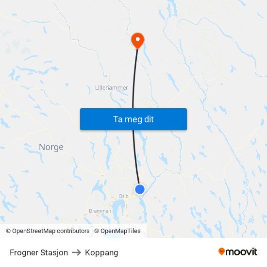 Frogner Stasjon to Koppang map
