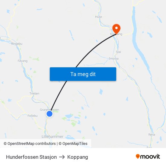 Hunderfossen Stasjon to Koppang map
