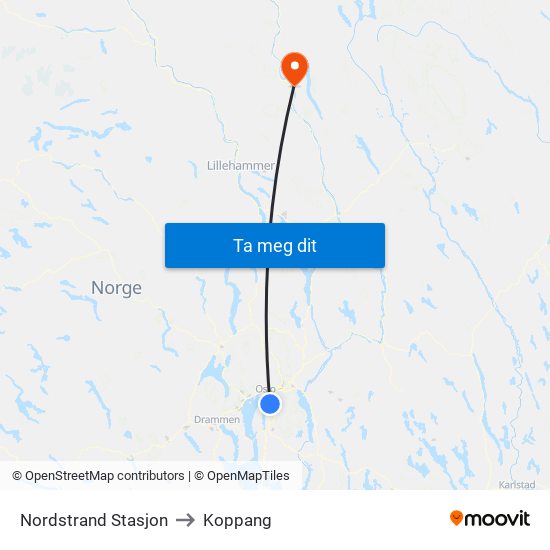 Nordstrand Stasjon to Koppang map