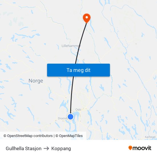 Gullhella Stasjon to Koppang map