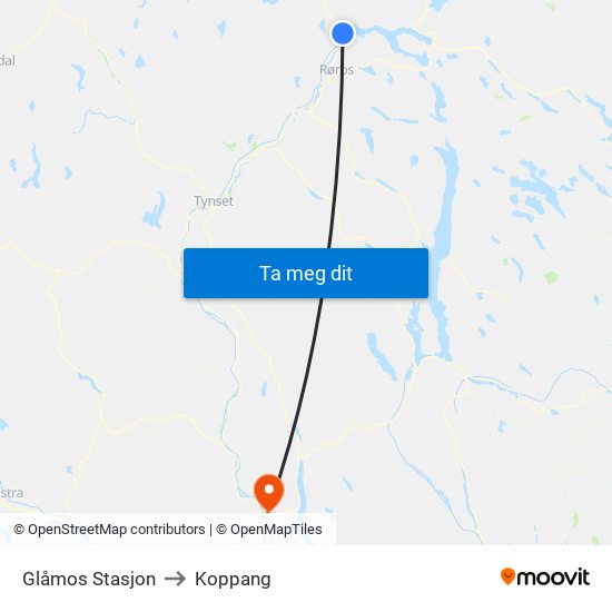 Glåmos Stasjon to Koppang map