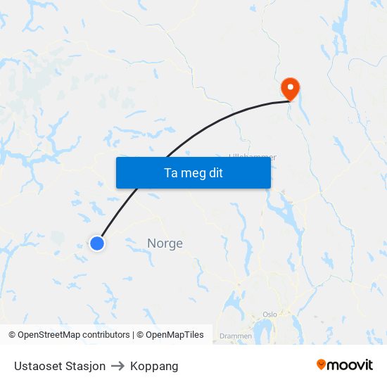 Ustaoset Stasjon to Koppang map